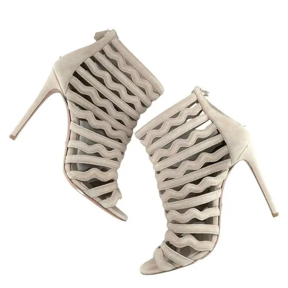Prada Beige Suede Wavy Shootie Peep Toe Cage Heels Size 41 Neutral