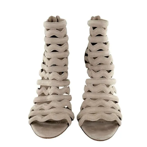 Prada Beige Suede Wavy Shootie Peep Toe Cage Heels Size 41 Neutral