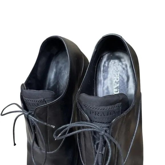 Prada black leather lace up oxfords minimalist preppy office logo detail sz 40