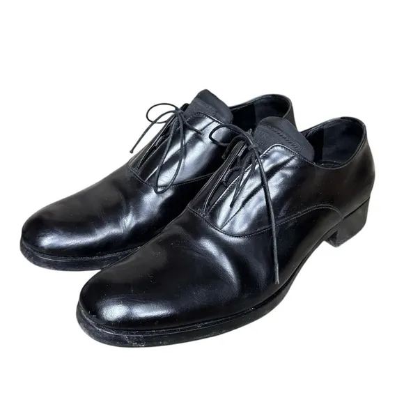 Prada black leather lace up oxfords minimalist preppy office logo detail sz 40