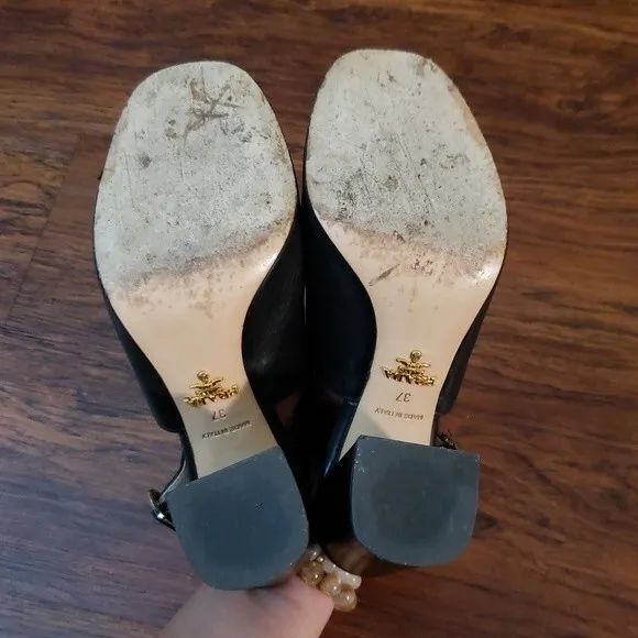 Prada Black Leather Open Toe Chunky Heels Size 37
