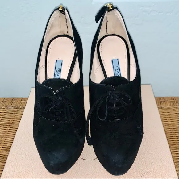 Prada Black Suede Oxfords Lace Up Platform Pumps Sz 37.5