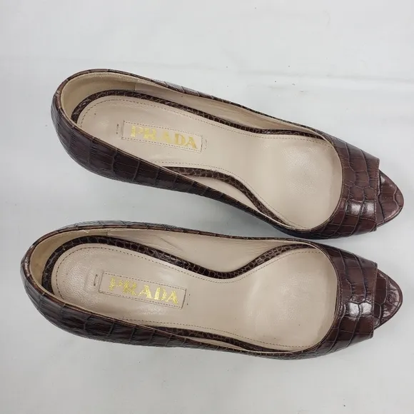 Prada Brown Open Toe Pumps Heels Size 37.5 US 7.5