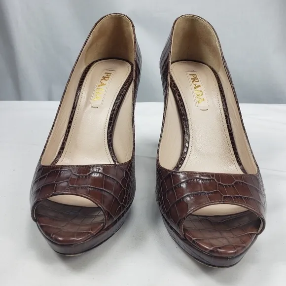 Prada Brown Open Toe Pumps Heels Size 37.5 US 7.5