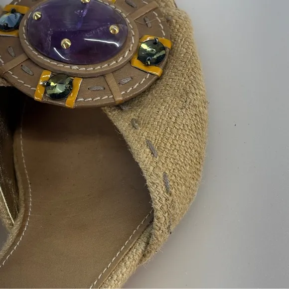 Prada Heels Womens 36.5  Open Toe Strap Wedge Brown purple beads  italy
