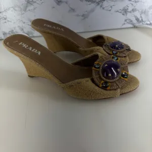 Prada Heels Womens 36.5  Open Toe Strap Wedge Brown purple beads  italy
