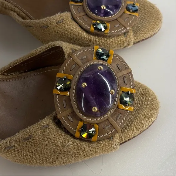 Prada Heels Womens 36.5  Open Toe Strap Wedge Brown purple beads  italy