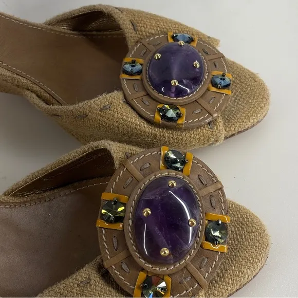 Prada Heels Womens 36.5  Open Toe Strap Wedge Brown purple beads  italy