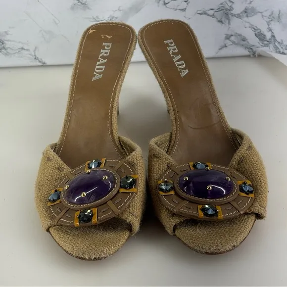 Prada Heels Womens 36.5  Open Toe Strap Wedge Brown purple beads  italy