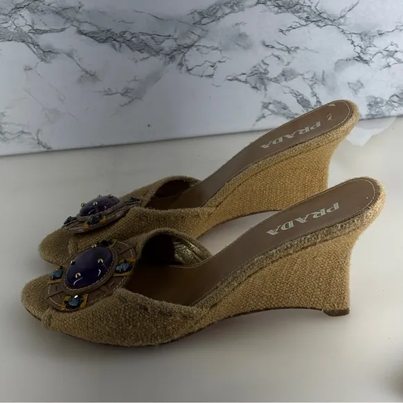Prada Heels Womens 36.5  Open Toe Strap Wedge Brown purple beads  italy