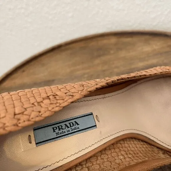 Prada Leather Woven Peep Open Toe Pump Heels Women's Size 38 US 8