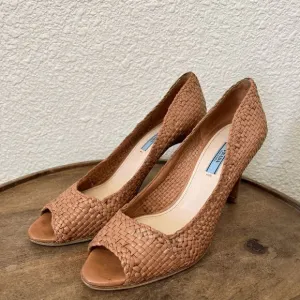 Prada Leather Woven Peep Open Toe Pump Heels Women's Size 38 US 8