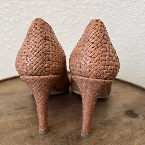 Prada Leather Woven Peep Open Toe Pump Heels Women's Size 38 US 8