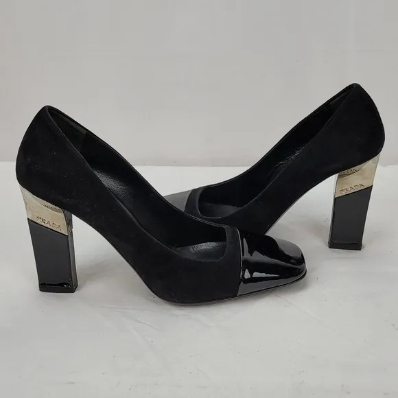 Prada Logo Black Suede Block Heels Pumps Size 37.5