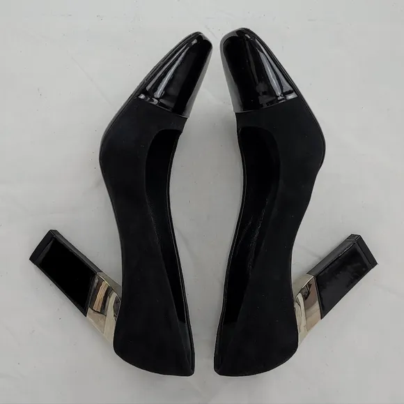 Prada Logo Black Suede Block Heels Pumps Size 37.5