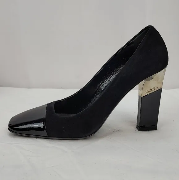 Prada Logo Black Suede Block Heels Pumps Size 37.5