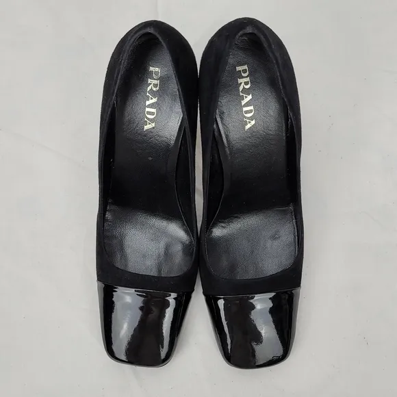 Prada Logo Black Suede Block Heels Pumps Size 37.5