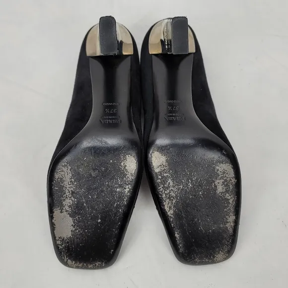 Prada Logo Black Suede Block Heels Pumps Size 37.5