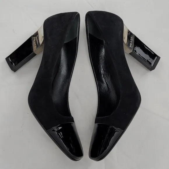 Prada Logo Black Suede Block Heels Pumps Size 37.5