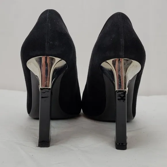 Prada Logo Black Suede Block Heels Pumps Size 37.5