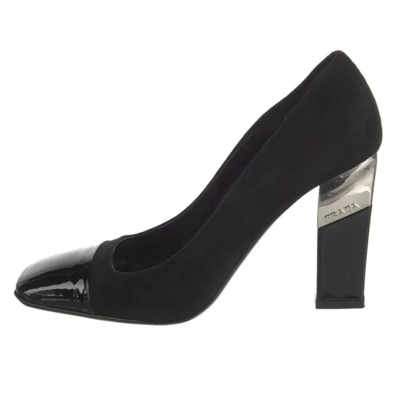 Prada Logo Black Suede Block Heels Pumps Size 37.5