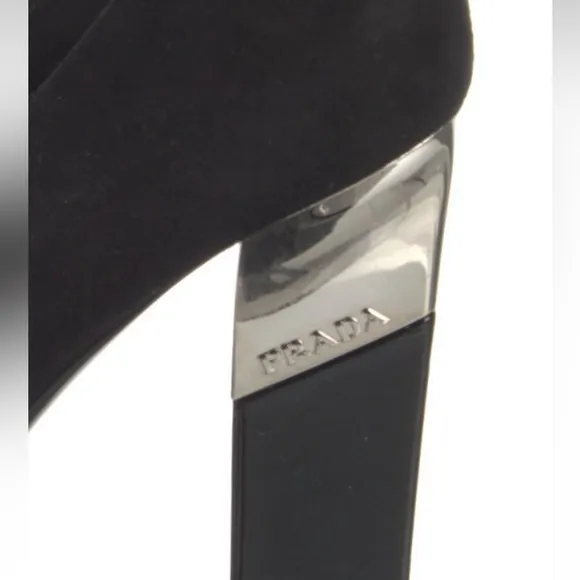 Prada Logo Black Suede Block Heels Pumps Size 37.5