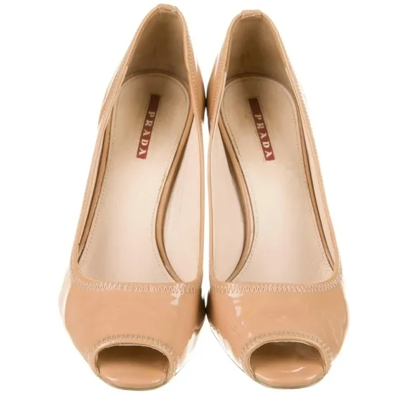 Prada Nude Patent Leather Block Heels Pumps Size 37