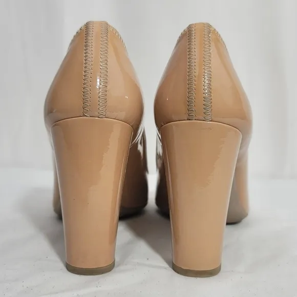 Prada Nude Patent Leather Block Heels Pumps Size 37