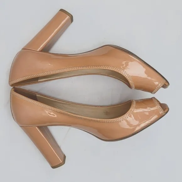 Prada Nude Patent Leather Block Heels Pumps Size 37