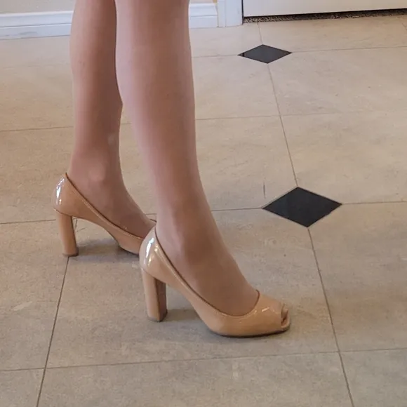 Prada Nude Patent Leather Block Heels Pumps Size 37