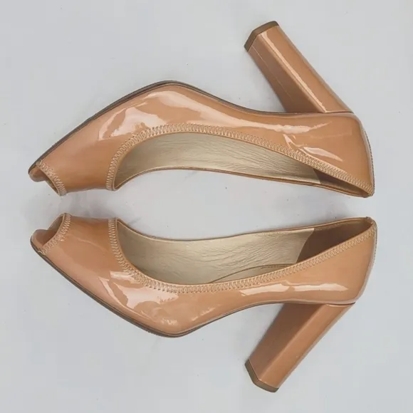 Prada Nude Patent Leather Block Heels Pumps Size 37