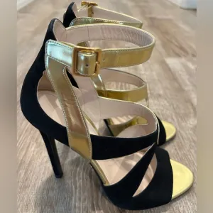 Prada open toe black/Gold criss cross 3.9” heels. Sz 36 or 5.5 US