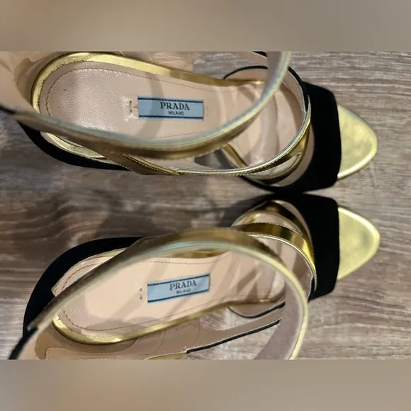 Prada open toe black/Gold criss cross 3.9” heels. Sz 36 or 5.5 US