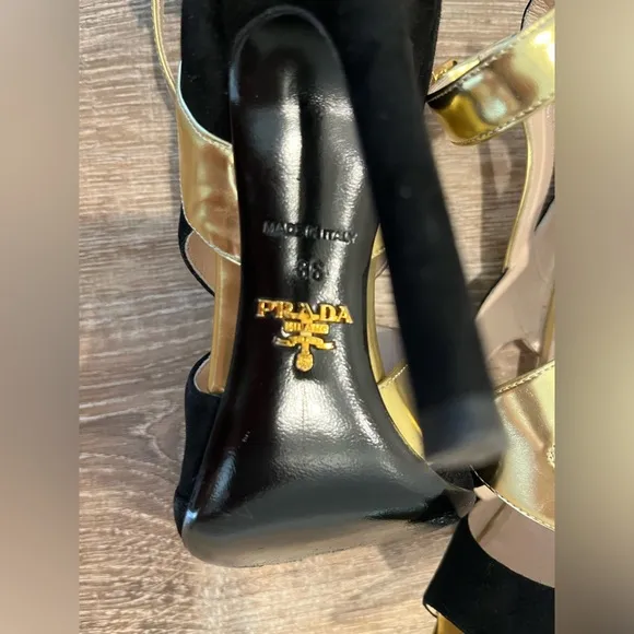 Prada open toe black/Gold criss cross 3.9” heels. Sz 36 or 5.5 US