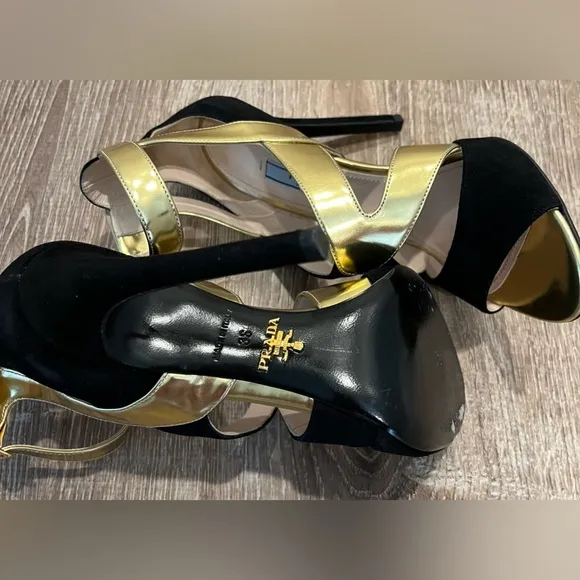 Prada open toe black/Gold criss cross 3.9” heels. Sz 36 or 5.5 US