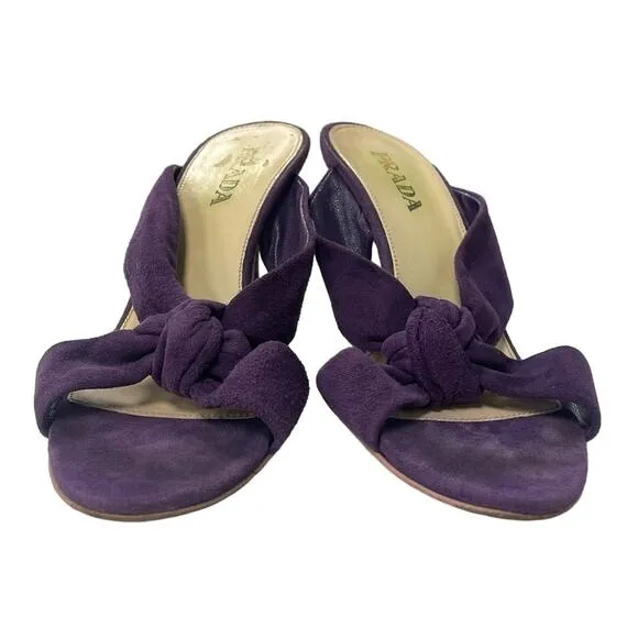 Prada Viola Purple Calzatore Donna Knot Open Toe Suede Heels Womens 35.5 US 5.5