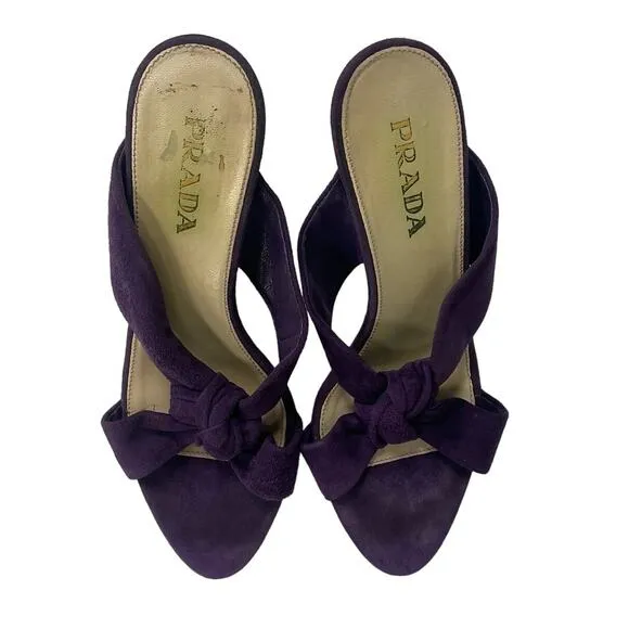 Prada Viola Purple Calzatore Donna Knot Open Toe Suede Heels Womens 35.5 US 5.5