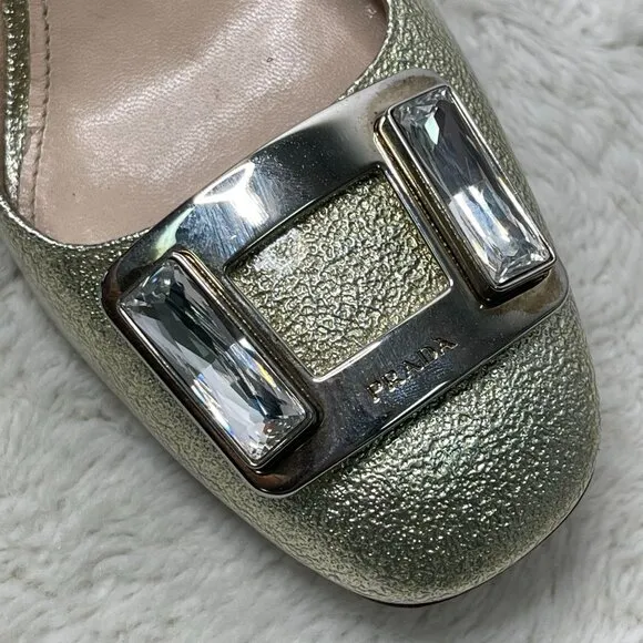 Prada Women's Gold Patent Leather Block Heel Pumps Slip On Shoes Size 38.5