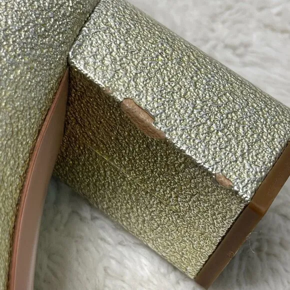 Prada Women's Gold Patent Leather Block Heel Pumps Slip On Shoes Size 38.5