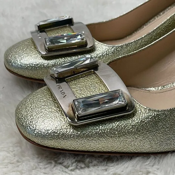 Prada Women's Gold Patent Leather Block Heel Pumps Slip On Shoes Size 38.5