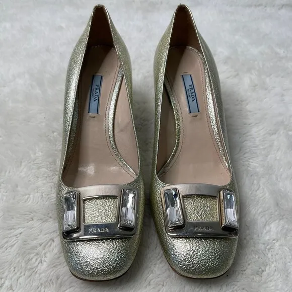 Prada Women's Gold Patent Leather Block Heel Pumps Slip On Shoes Size 38.5
