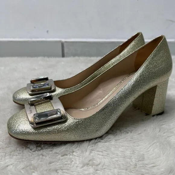 Prada Women's Gold Patent Leather Block Heel Pumps Slip On Shoes Size 38.5