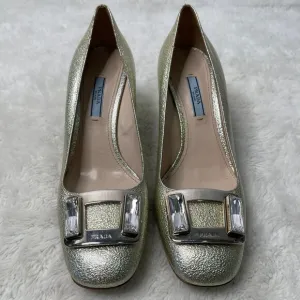 Prada Women's Gold Patent Leather Block Heel Pumps Slip On Shoes Size 38.5