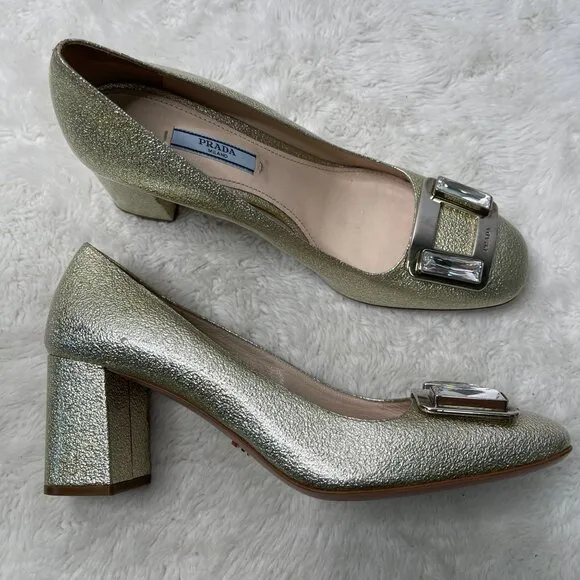 Prada Women's Gold Patent Leather Block Heel Pumps Slip On Shoes Size 38.5