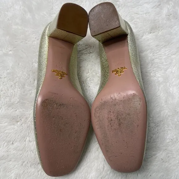 Prada Women's Gold Patent Leather Block Heel Pumps Slip On Shoes Size 38.5