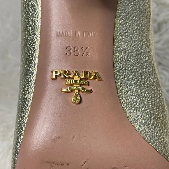 Prada Women's Gold Patent Leather Block Heel Pumps Slip On Shoes Size 38.5