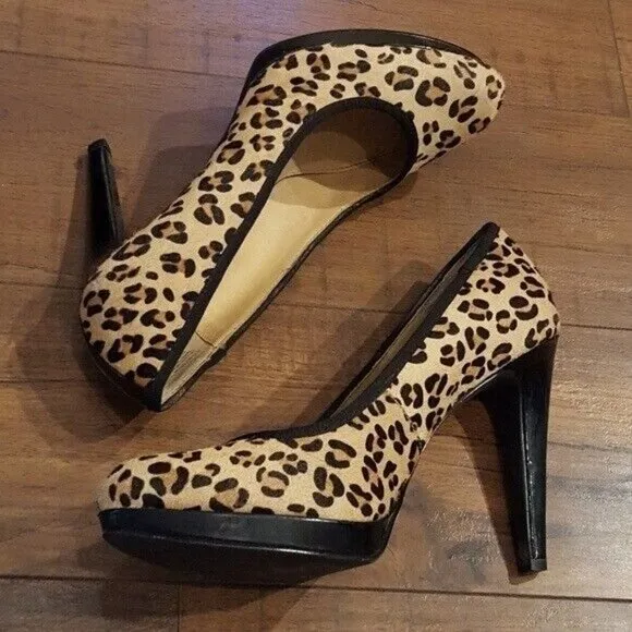PReVIEW International Leopard Calf Hair Almond Toe Heels