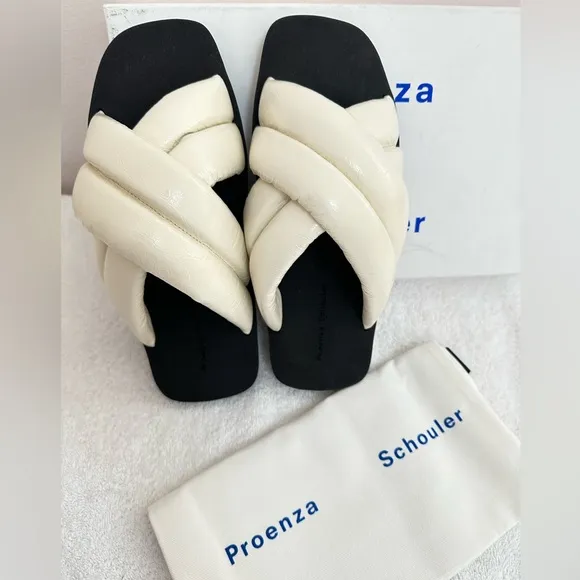 Proenza Schouler Natural Square toe Float Padded puffy strap slides EU 38