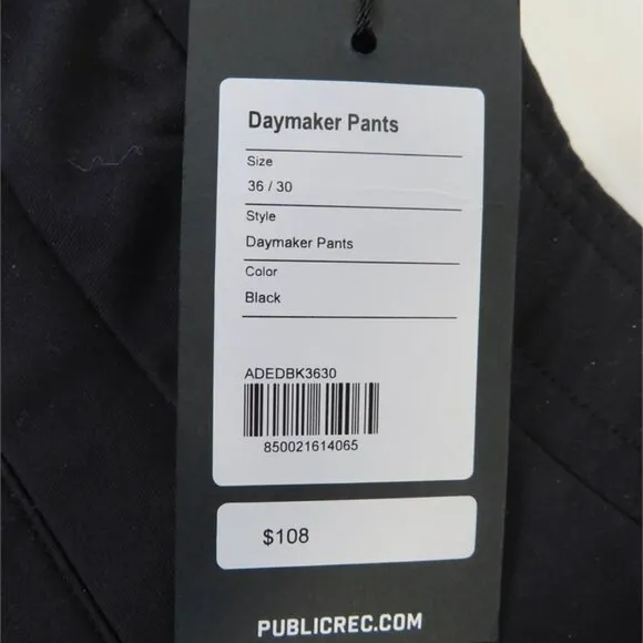 Public Rec NWT Men's Black DAYMAKER Pants, Size 36/30