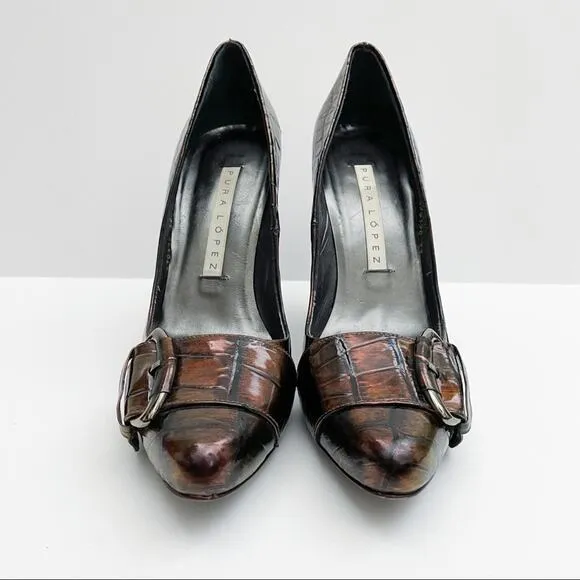 Pura Lopez Buckle Snake Skin Block Heels 37
